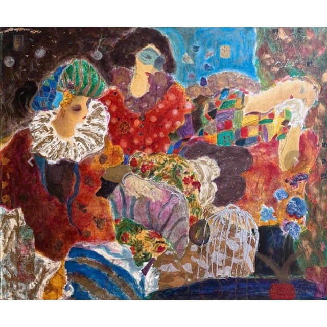 Roy Fairchild Woodard's Bal Masque, an embellished figurative artwork with a richly colored masked-ball scene and ornate...