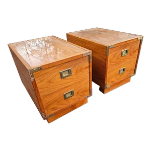 Vintage Campaign Style Side Tables With Faux Bottom Drawer