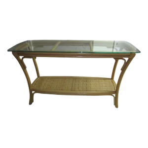 1980s Rattan Wicker Glass Top Foyer or Sofa Table