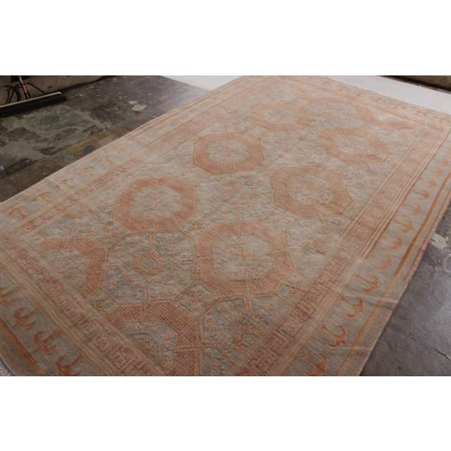 Transitional Rug & Kilim’s Khotan Style Rug in Blue and Orange Geometric Pattern For Sale - Image 3 of 8