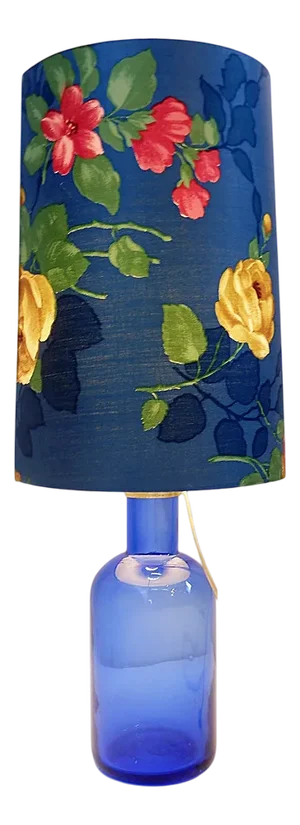 Blue Glass Table Lamp with Original Floral Shade, 1960s