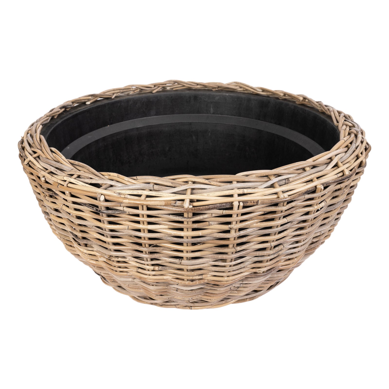 Artifacts Rattan Round Belly Planter with Black Plastic Insert, Natural ...