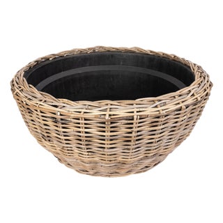 Artifacts Rattan Round Belly Planter with Black Plastic Insert, Natural, 28.50" For Sale