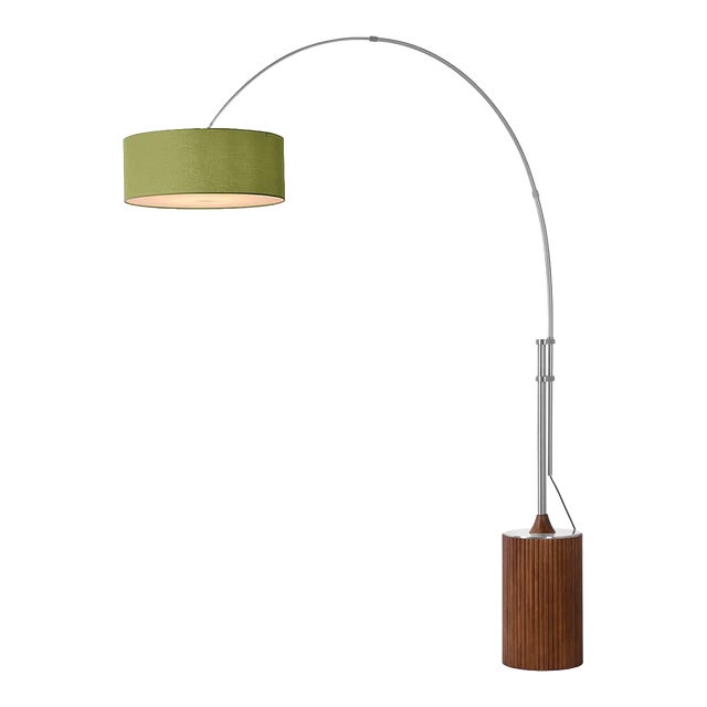 Tambo 92"h 1-Light Arc Lamp, Avocado Linen Shade, Dark Walnut Base, Satin Nickel, Dimmable, for Living Room or Bedroom For Sale