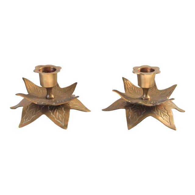 Pair of Vintage Brass Holly Leaf Taper Candle Holders For Sale