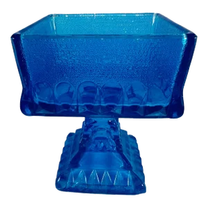 1960s Blue Glass Pedestal Jeanette Style Square Candy Nut Dish