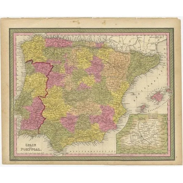 Antique map titled 'Kingdom of Spain and Portugal'. Old map of Spain and Portugal, with an inset map of the region of...