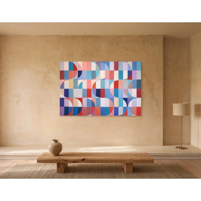 2026, Bauhaus Painting on Canvas in Blue and Red, Against the Current, Geometric Arches and Curves by Natalia Roman For Sale - Image 4 of 8