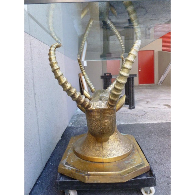 Incredibly stylish 70's bronze & zinc antelope janus head console table base sold as found in good condition exhibiting...