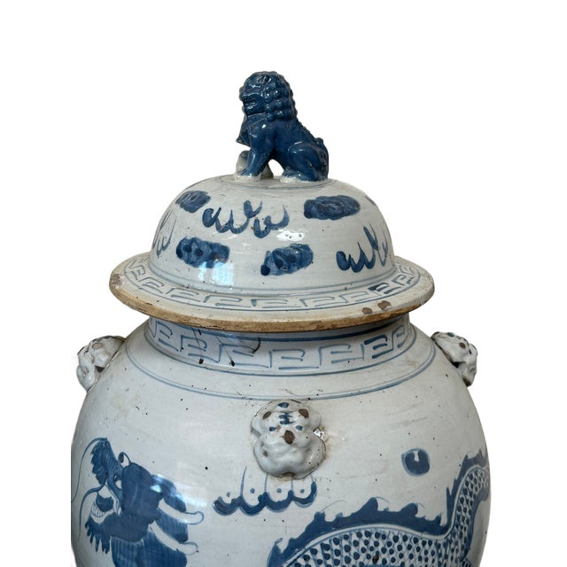Extra Large Chinoiserie Blue and White Dancing Dragon Ginger Jars - A Pair For Sale - Image 4 of 7