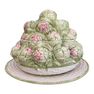 Italian Ceramic Vintage Artichoke Soup Tureen With Underplate For Sale