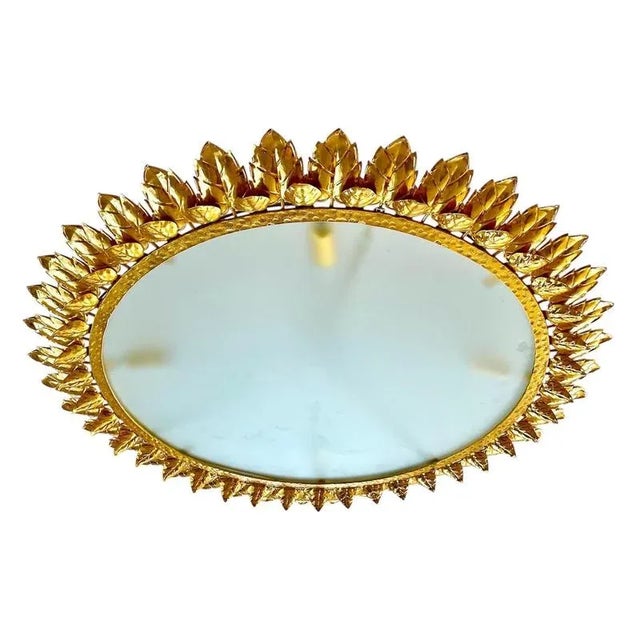 Spanish Crown Sunburst Fixture in Gilt Metal and Frost Glass, 1970s For Sale - Image 10 of 10