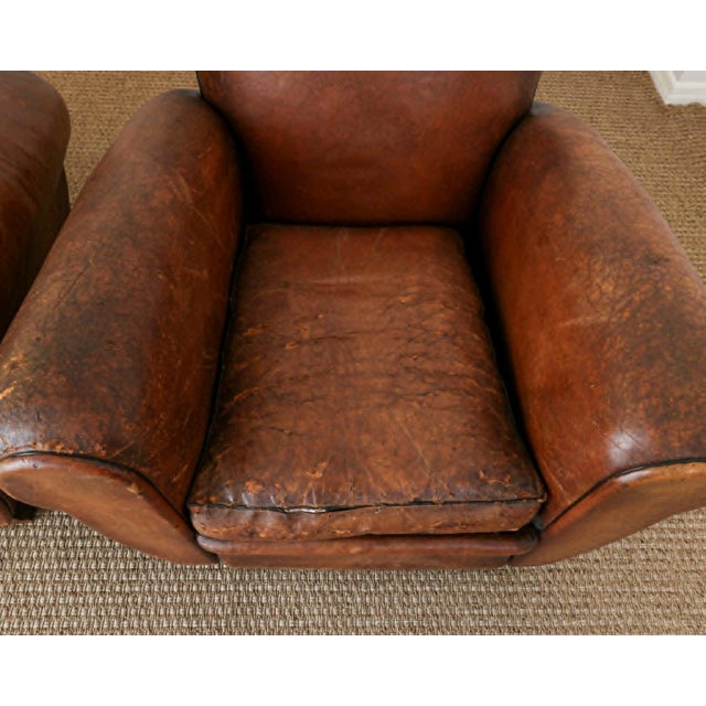 Animal Skin Pair of Antique French Leather Club Chairs - Circa 1920s For Sale - Image 7 of 16