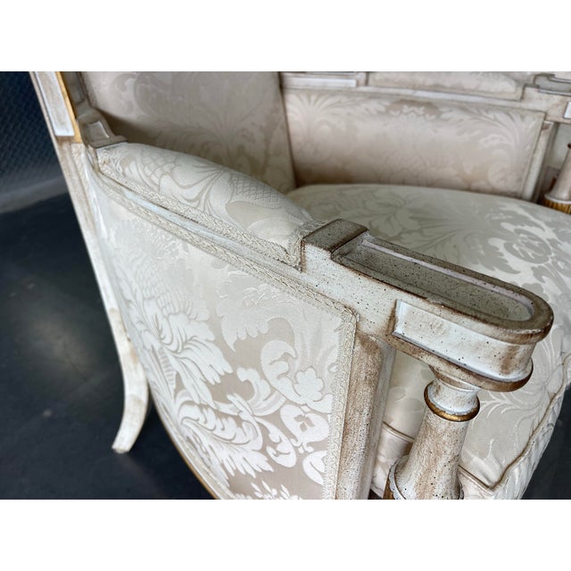 Textile Judith Norman French Neoclassical Bergere Armchairs in Damask Fabric, a Pair, Gilt, Design Center of America For Sale - Image 7 of 12