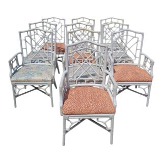 Vintage White Chinese Chippendale Lexington Rattan Palm Beach Regency Dining Room Chairs- Set 10 For Sale
