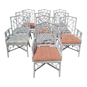 Vintage White Chinese Chippendale Lexington Rattan Palm Beach Regency Dining Room Chairs- Set 10