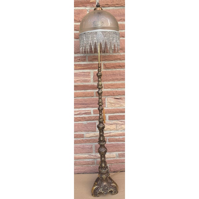 Vintage Brass Beaded Glass Shade Floor Lamp, 1950s For Sale - Image 12 of 12