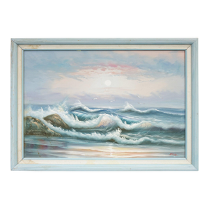 Late 20th Century Original Oceanscape Oil Painting on Canvas – Pastel Sunrise Waves, Signed, Framed