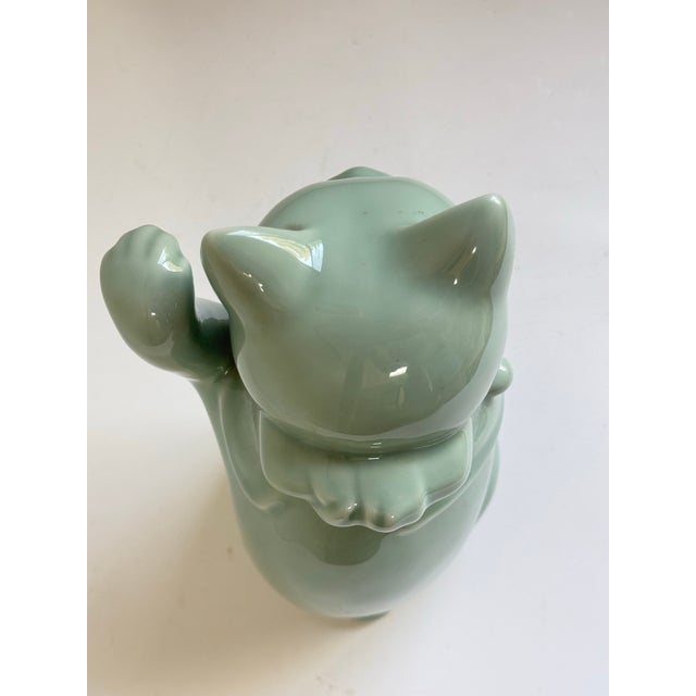 Mid 20th C. Gumps of San Francisco Celadon Glazed Porcelain Maneki-Neko Lucky Cat Figure For Sale In Seattle - Image 6 of 9