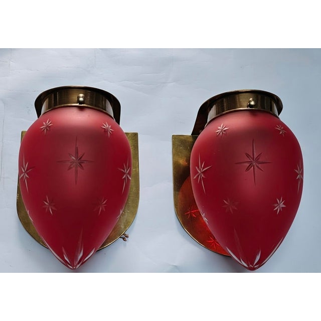 1940s Vintage Art Deco Light Old Lamp Wall Sconces Fixture Brass & Star Red Glass Shade Ship Light Lamp - Pair For Sale - Image 5 of 5