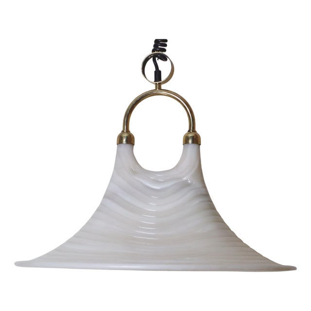 Mid-Century Modern White and Gilt Pendant Lamp with Pull Mechanism, 1970s For Sale