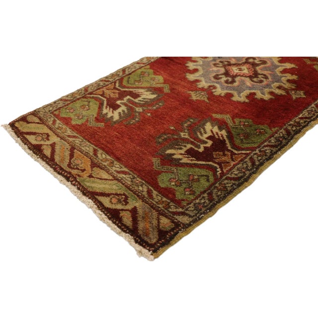 51471 Vintage Turkish Yastik Rug, 01'09 x 03'04. This hand-knotted wool vintage Turkish Yastik rug is a vibrant testament...