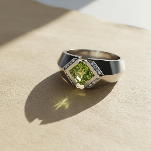 Square-Cut Peridot Architectural Silver Cocktail Ring, Size 7.5 For Sale - Image 6 of 7