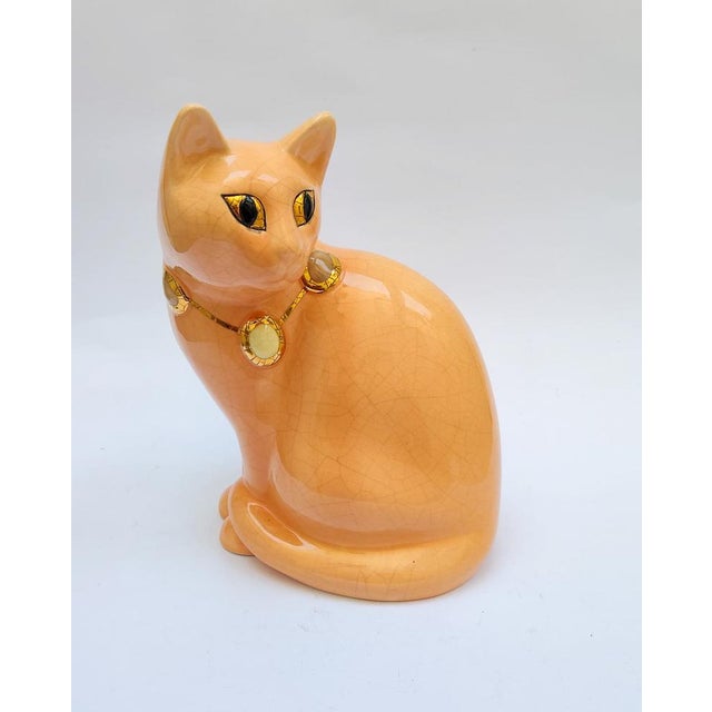 Salmon Pink Ceramic Cat with Cabochon Necklace from Longwy, 1950s For Sale - Image 11 of 11