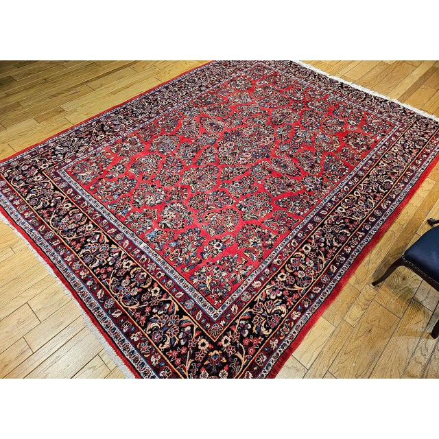 Persian Antique Persian Sarouk Area Rug, Hand-Knotted Wool, Allover Floral Pattern, 9x11, Red & Navy For Sale - Image 3 of 16