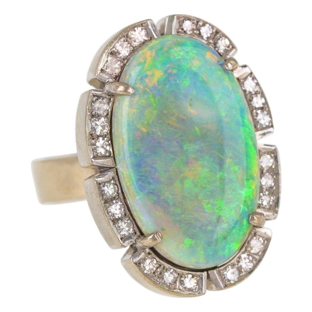 18k White Gold Australian Opal & Diamond Statement Cocktail Ring Vintage For Sale