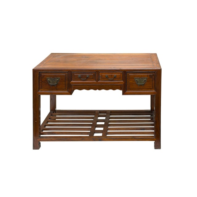 Rustic Vintage Brown Stain Patina Deep Rectangular Drawers Desk Table For Sale - Image 3 of 13