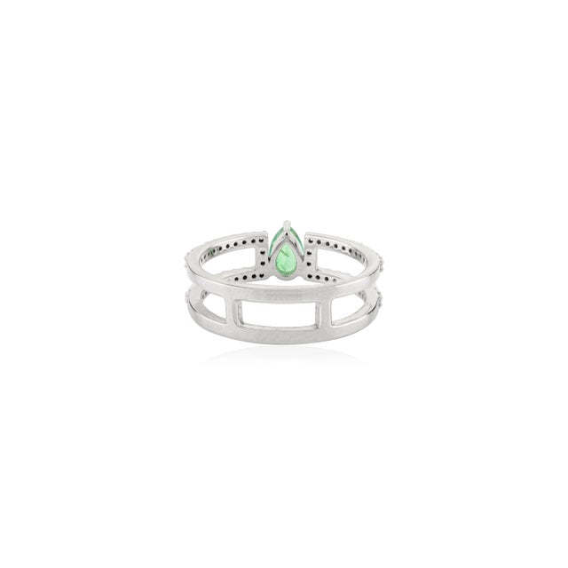 Metal 14k White Gold Pear Emerald and Diamond Split Band Ring Size 6 For Sale - Image 7 of 14