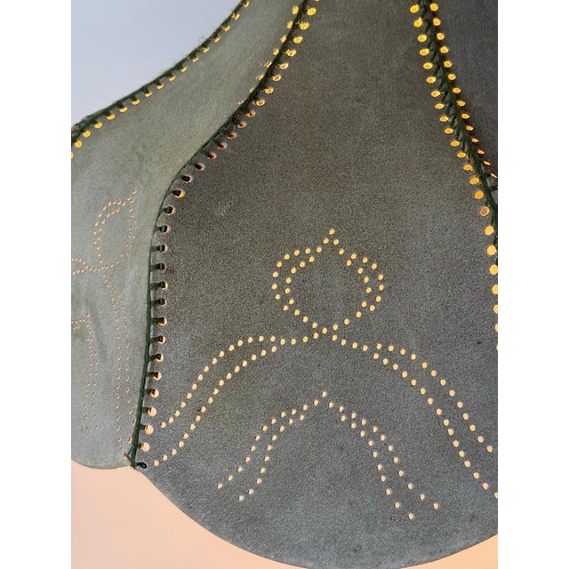 1970s Italian Hand-Sewn Celadon Green Suede Pendant Lamp with Sculptural Flower, 1970s For Sale - Image 5 of 16