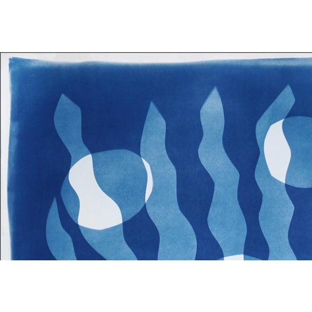 2025, Art Deco Style, Ocean Shapes, Unique Monotype - Cyanotype on Watercolor Paper of Algae With Bubbles in Blue Tones by Kinf of Cyan For Sale - Image 4 of 8