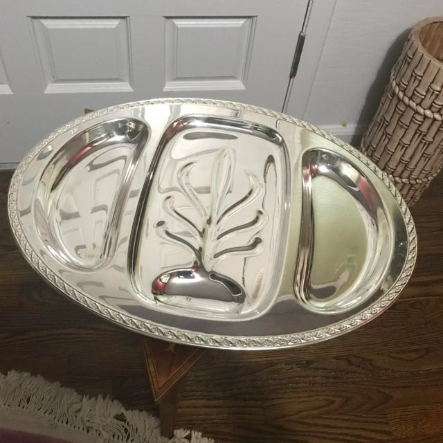 Silverplate serving tray with 3 compartments for meat and vegetables and brand stamp W.M Rogers & Son Spring Flower at...