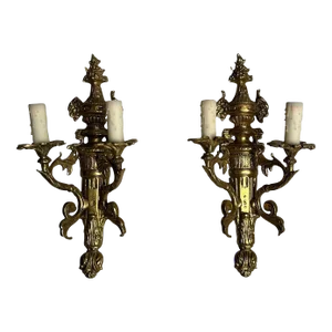 Pair of Louis XVI / Adams Style Bronze Ornate Sconces, Two Light, France, 1940s
