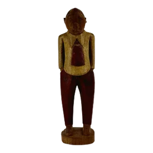 Vintage Folk Art Carved Wood Statue of Man With Yellow Shirt, Red Tie, and Hands in Pockets