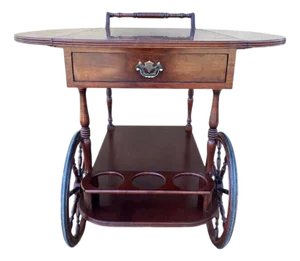 Vintage Wood Tea & Bar Cart with Drop-Leaf Sides and Bottle Holder, 1940s