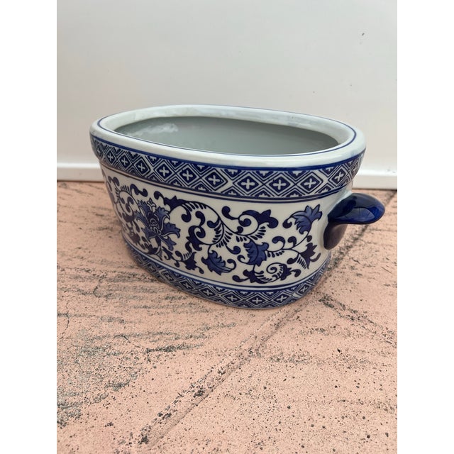Ceramic Vintage Blue & White Basin Foot Bath Style Floral Oval Planter For Sale - Image 7 of 7