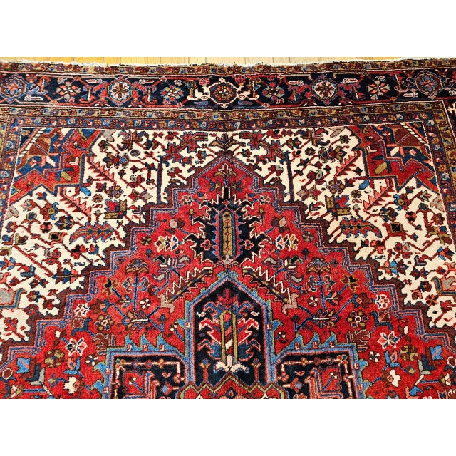Persian Vintage Persian Heriz Rug, Hand-Knotted Wool, Geometric Medallion Pattern, Red & Navy, 8x11 For Sale - Image 3 of 10