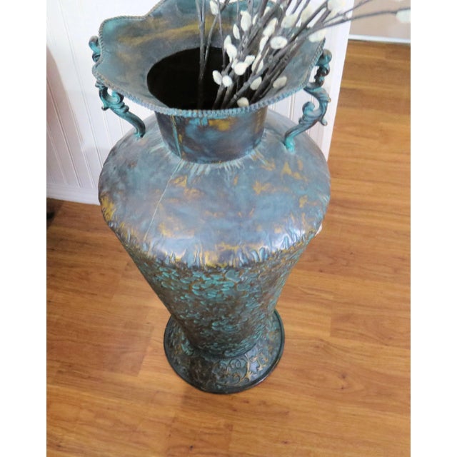 Italian Large Italian Style Decorative Hammered Turquoise Metal Urn For Sale - Image 3 of 6