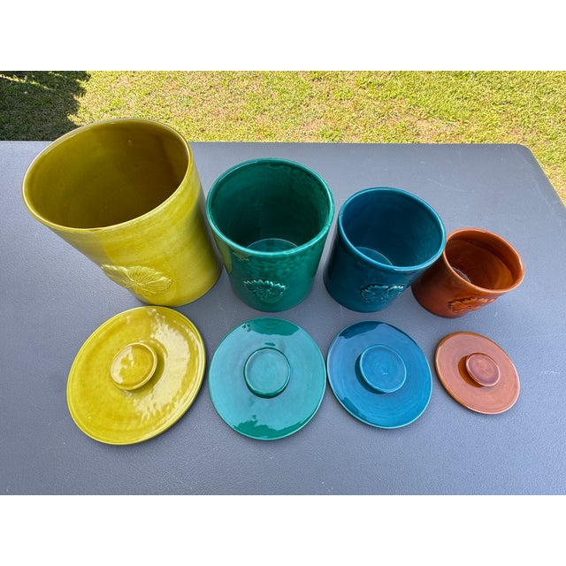1960s Glazed Ceramic Colorful Pottery Lidded Kitchen Canisters Made in Italy - Set of 4 For Sale - Image 9 of 18