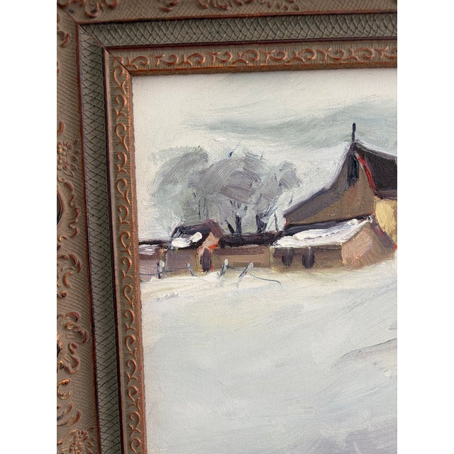Vintage Original Oil Painting on Board – Snowy Farm and Barn Winter Landscape – Ornate Frame For Sale - Image 4 of 17