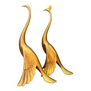 Anthony Freeman 1950s Gold Ceramic Peacock Statues Pair For Sale