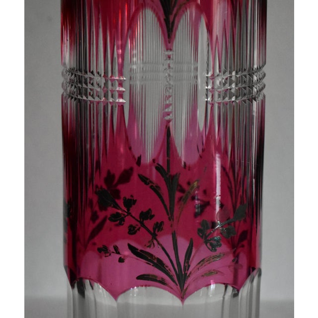 1950s Vintage Clear Crystal Vase Bohemian Ruby Cut Cylinder Etched Silver Overlay For Sale - Image 5 of 15