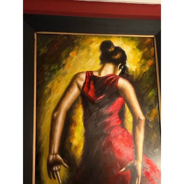 Expressive Spanish Flamenco Dancer Oil Painting in Red and Gold, Early 21st Century For Sale - Image 10 of 12