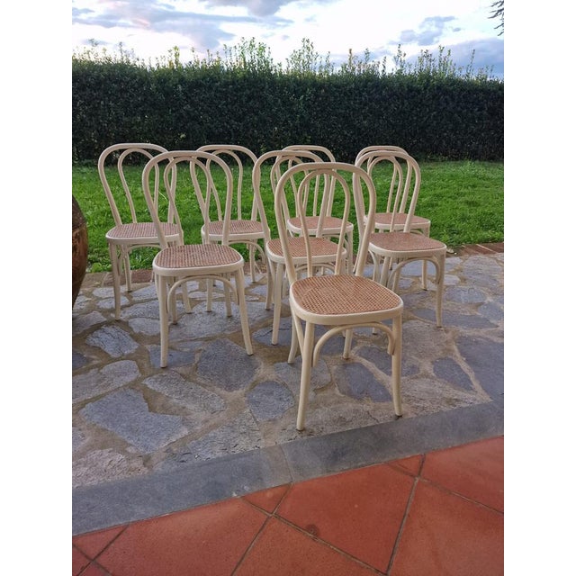 Bistro Chairs in White Painted Beech and Vienna Straw attributed to Michael Thonet, 1980s, Set of 8 For Sale - Image 15 of 16