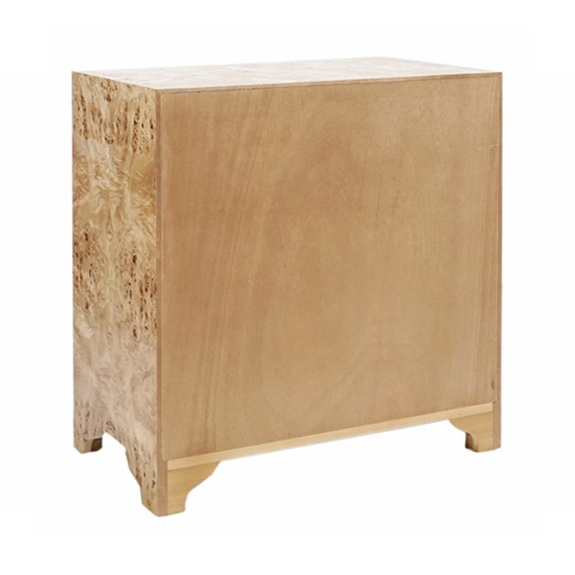 Matthew Izzo Home Calvin Light Burlwood Three Drawer Side Table With Acrylic and Brass Drawer Pulls For Sale In New York - Image 6 of 7