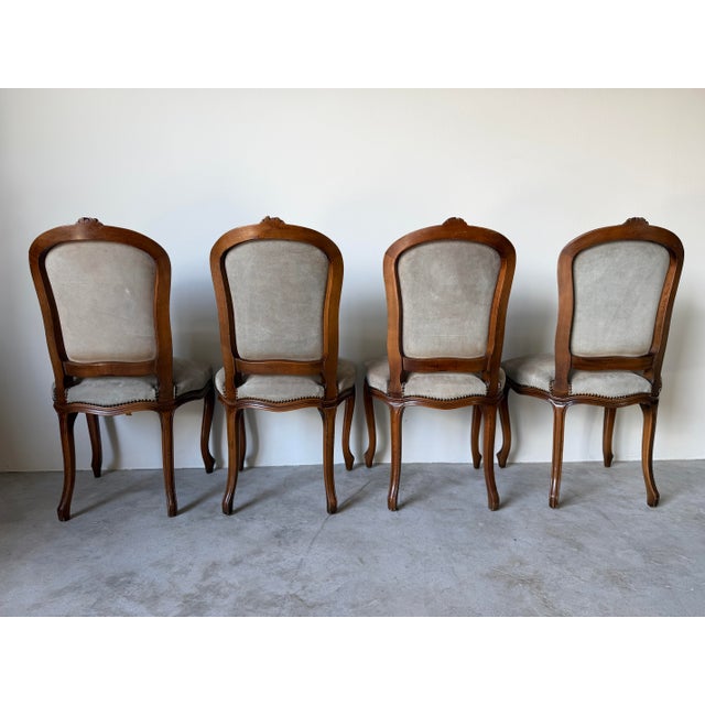 French Provincial 1970s Italian French Provincial Louis XV-Style Carved Wood & Suede Dining Chairs – Set of 4 For Sale - Image 3 of 12