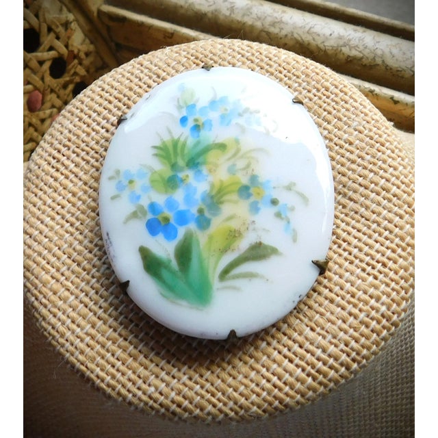 Antique Art Nouveau 1910 Hand-Painted Blue Dogwood Flower Porcelain Brooch For Sale - Image 9 of 11